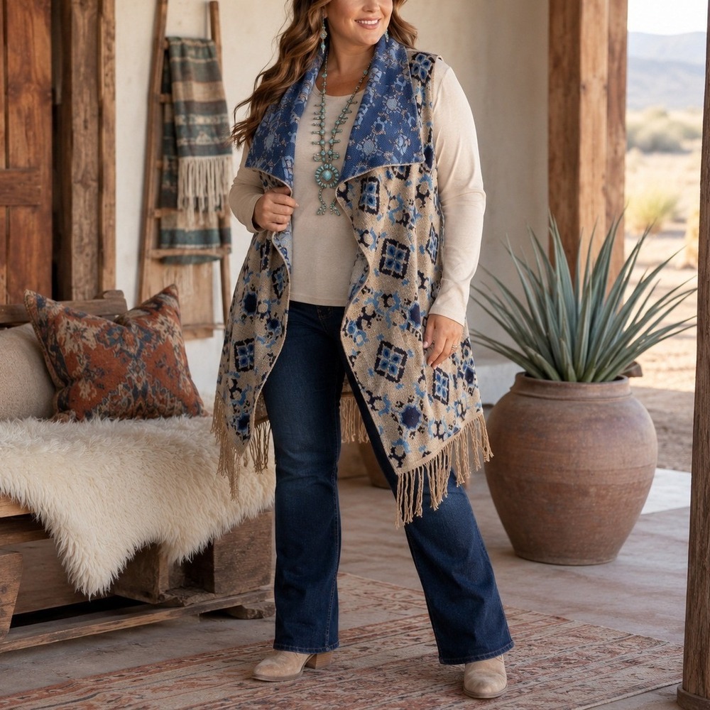 New Directions Weekend 1X Southwestern Fringe Open Front Knit‎ Vest Cardigan